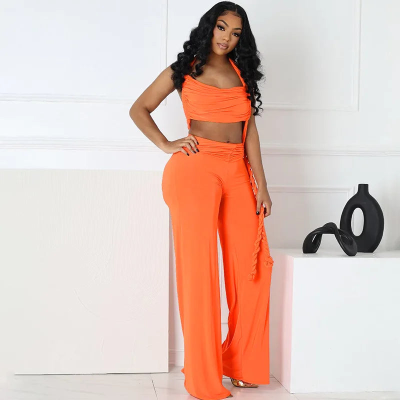 FAGADOER Sexy Ruched Patchwork Bodycon Jumpsuits For Woman Halter Sleeveless Wide-leg Romper Female Streetwear Overalls 2025 New