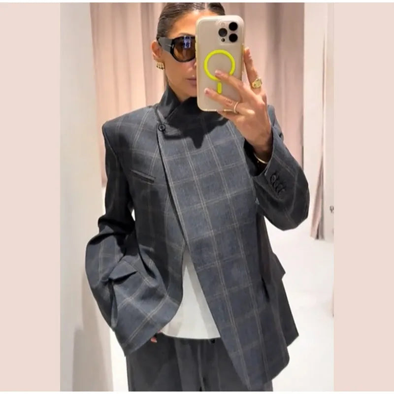 Vintage Plaid Lapel Blazer and Shorts Set for Women