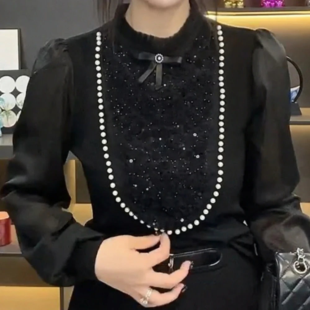 Beaded Long Sleeve O Neck Versatile Blouse For Women