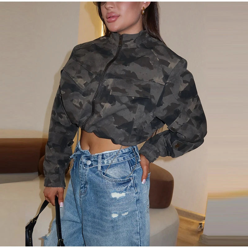Y2K Camouflage Cropped Zip Jacket With Stand Collar for Women