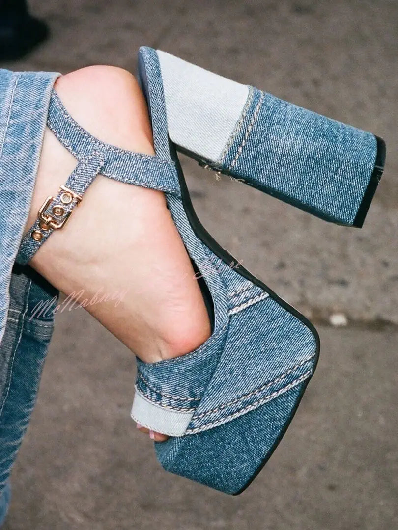 Denim Patchwork Open Toe Square Heel Platform Sandals For Women