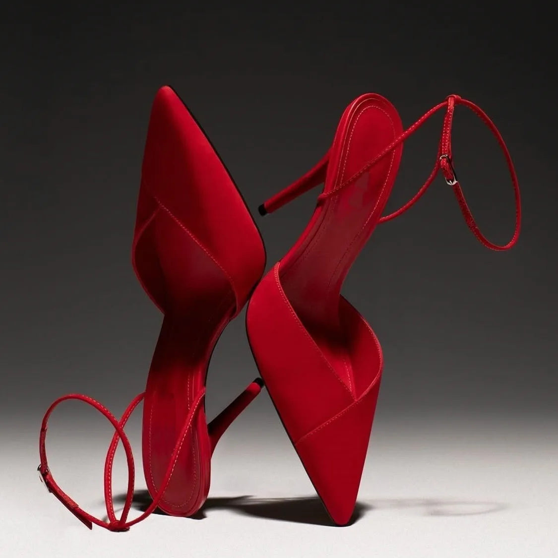 Red Suede Pointed Toe Stiletto Pumps With Ankle Strap for Women