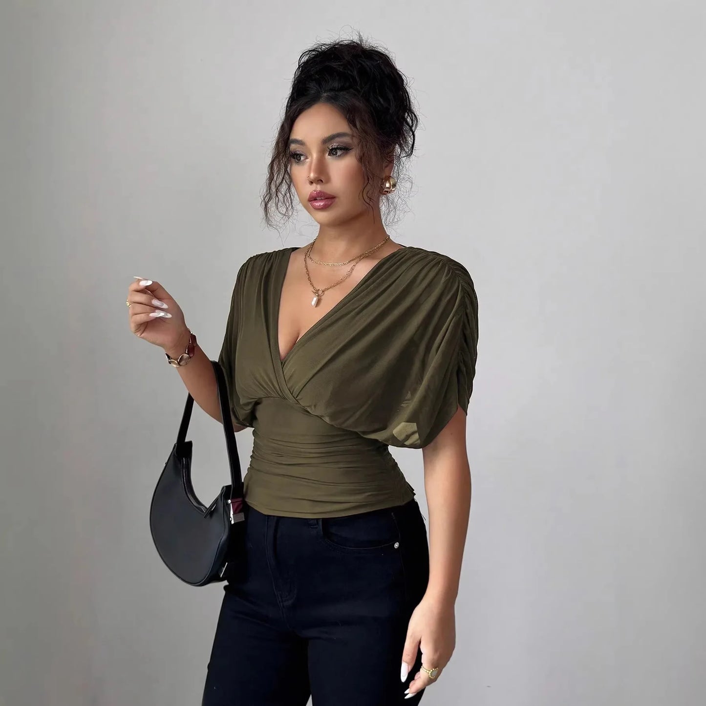 Elegant Deep V Neck Flutter Sleeve Waist Cinching Top for Women