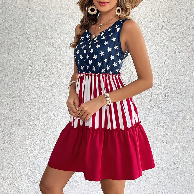 Midi Dress High Waist Ruffle Casual Sleeveless Women American Flag Star Mini Summer Girl Beach Female Vest Dress Gyaru Clothes