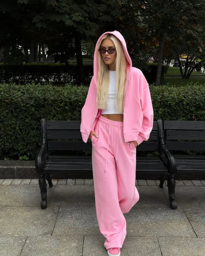 Casual Hooded Jacket and Wide Leg Pants Set for Women
