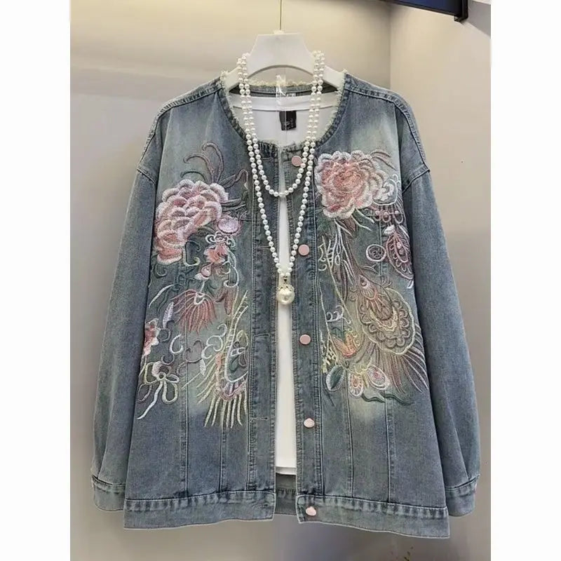 Lightweight Loose Embroidered Denim Jacket for Women