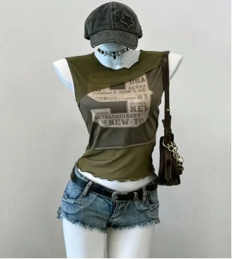 Korean summer new hot girl style 90s retro print niche y2k versatile design rock punk splicing mesh slim sleeveless T-shirt