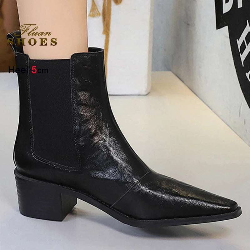 Black Pointed Toe Block Heel Ankle Boots