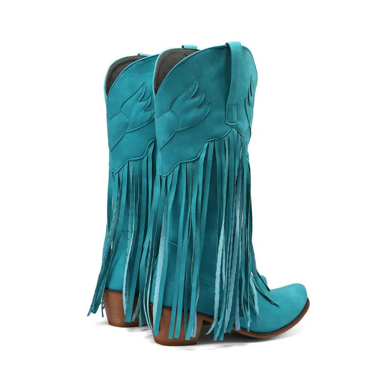 Retro Western Style Mid Calf Boots With Block Heel Tassels For Women