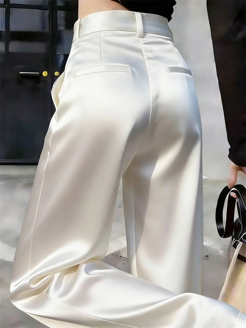 High Waist Solid Color Satin Wide Leg Trousers For Women