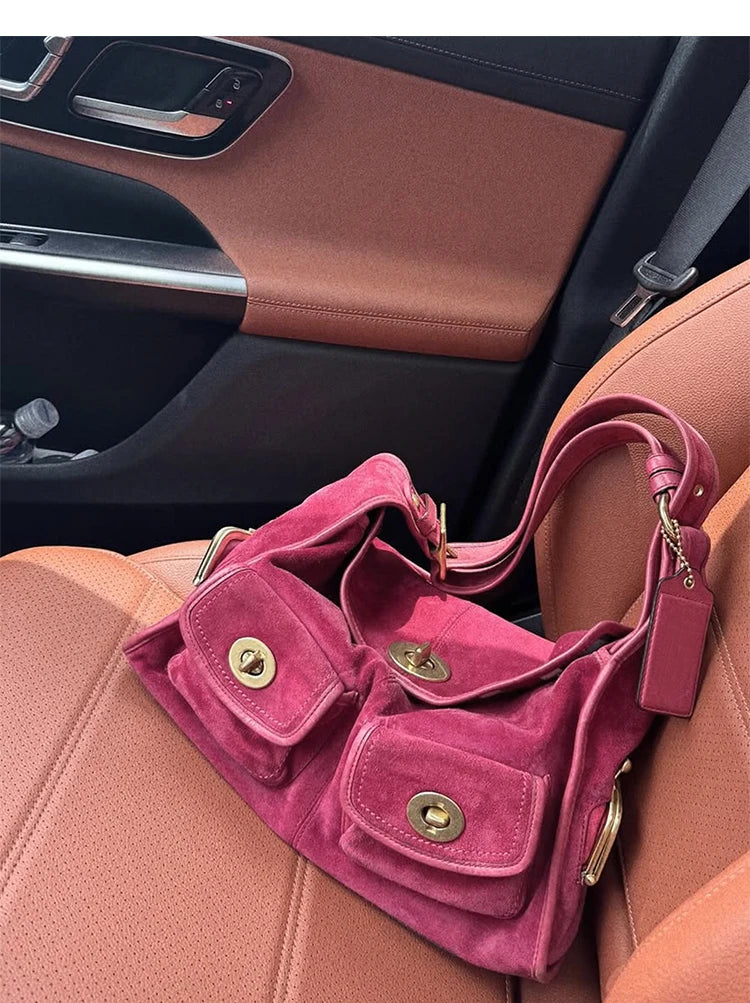 Casual Commuter Large Capacity Suede Pillow Bag Single Shoulder Crossbody Bag Vintage Style Polyester Lining Zipper Closure