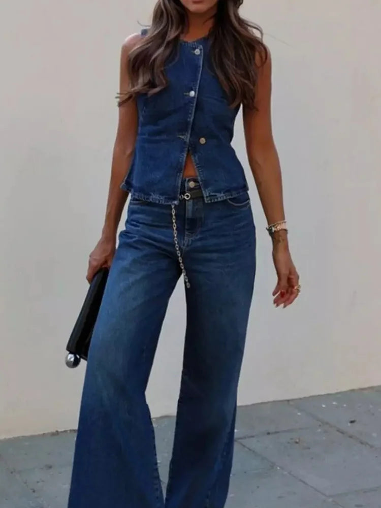 New Denim Style Spring Summer Wide Leg Pants, Women Holiday High Waist Simple Pants, 2025 Pocket Patchwork Solid Ladies Trousers