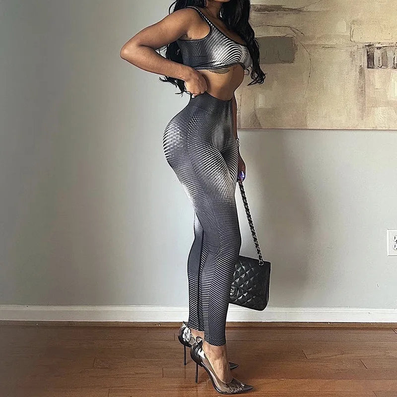 FAGADOER Fashion Stripe Patchwork 2 Piece Sets Woman Outfit Gradient Backless Vest Top + Skiny Pants Suit Female Jogger Clothing