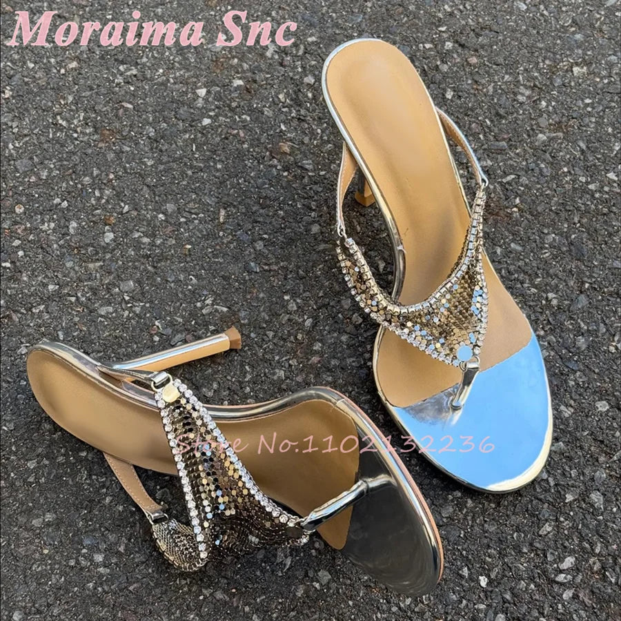 Mirror Silver Metallic Stiletto Heel Mule Sandals For Women