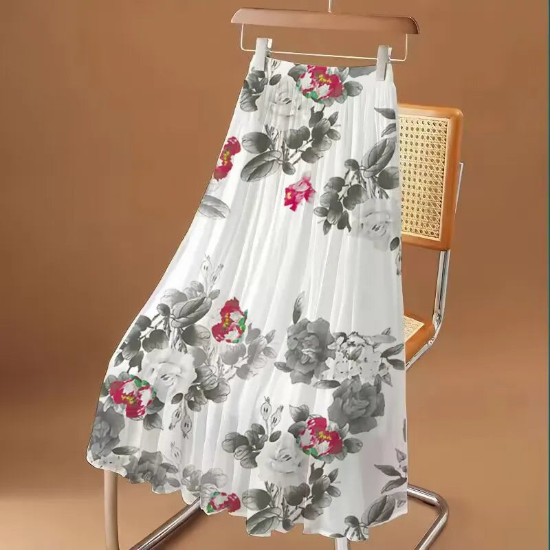 Women's Floral Printed Long Chiffon Skirt, Elastic, High Waist, A Line, Max Pleated, Summer, Fashion