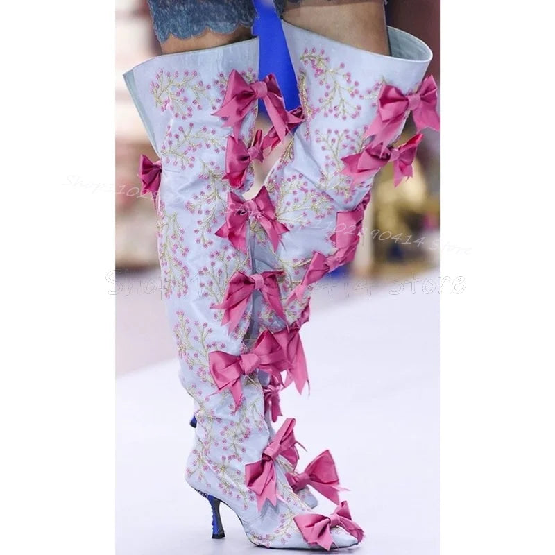 Embroidered Sky Blue Pointed Toe High Heel Boots With Pink Bow For Women