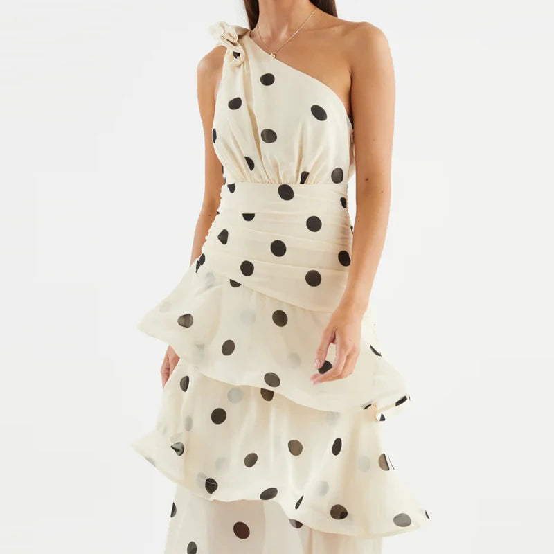 Elegant Polka Dot Ruffle Draped Maxi Dress for Women
