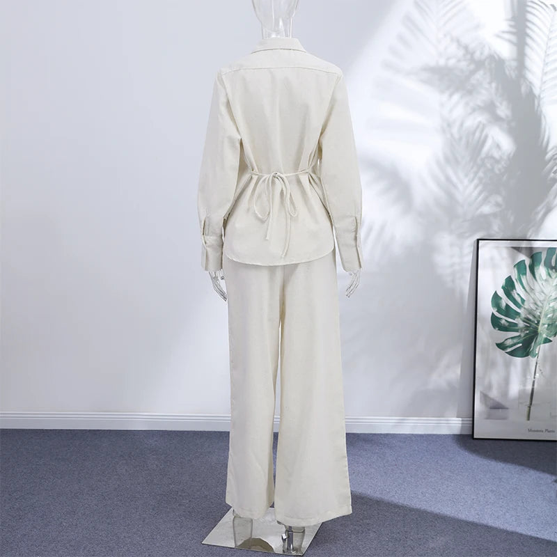 Lace Up Back Lapel Shirt and Loose Pants Set for Women
