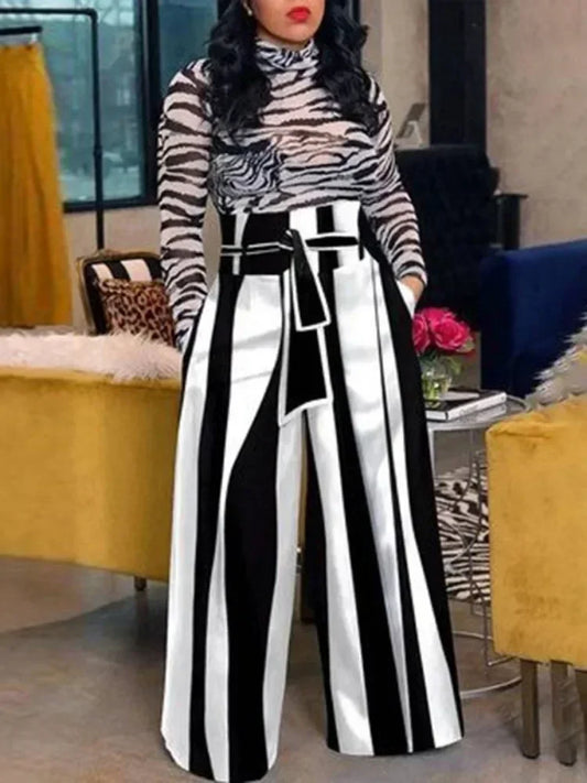 Fashion Black White Striped Wide Leg Pants Women 2024 New Autumn Lace-up High Waisted Loose Casual Commute Trousers