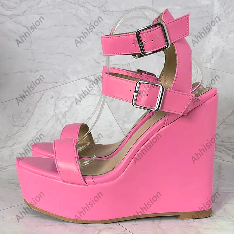 Yellow Open Toe Buckle Platform Wedge Sandals For Women