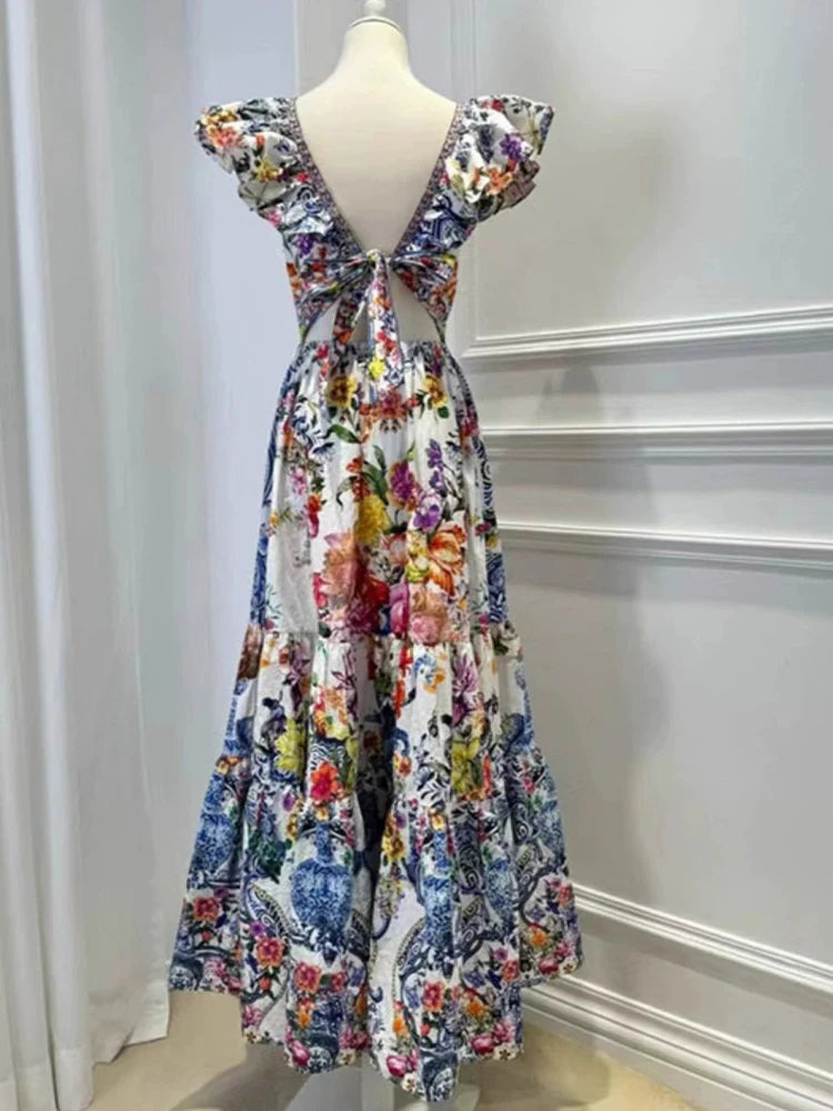 Deep V Neck Print Midi Dress