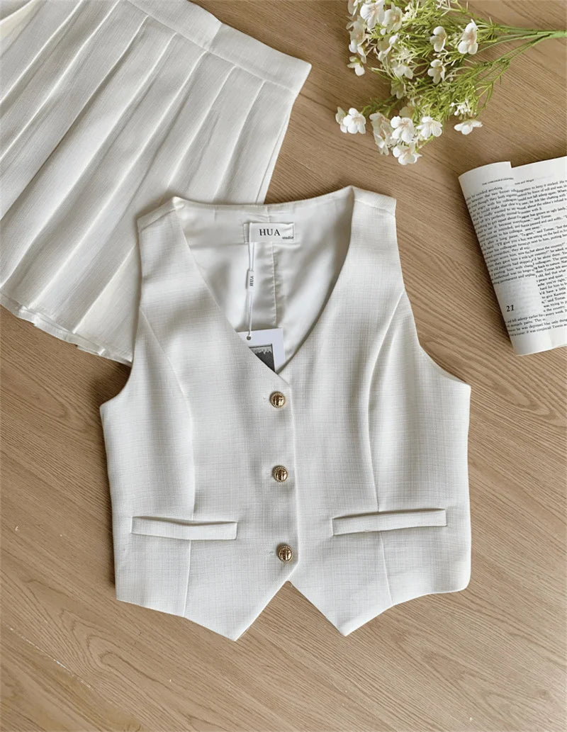 Elegant High Waist Pleated Skirt And Vest Set For Women