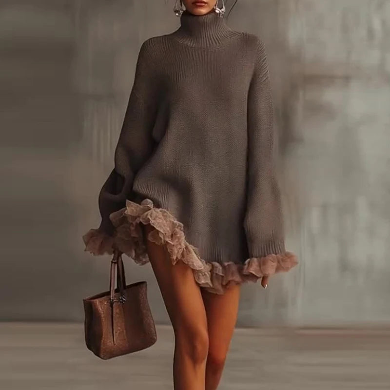 Autumn Winter Elegant Turtleneck Knitted Dress Women Sexy Lace Splicing Solid Color Short Dress Fashion Ruffle Draped Mini Dress