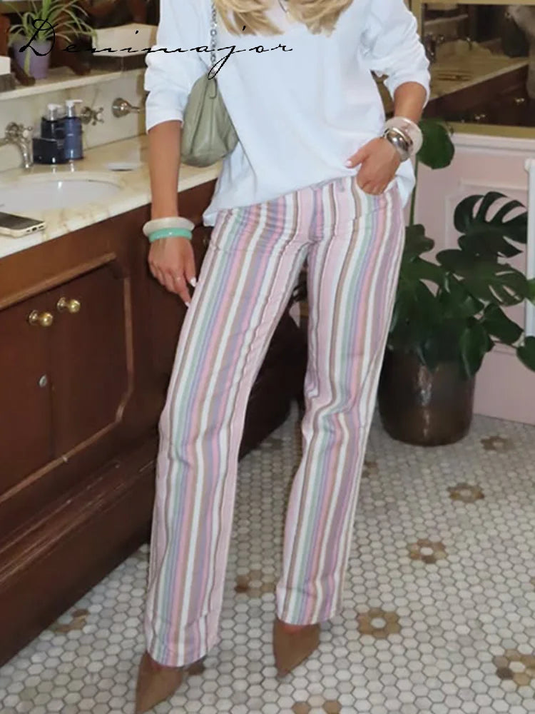 Color Block Rainbow Stripe Wide Leg Jeans for Women