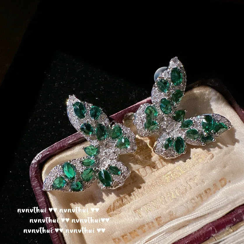 Green Zircon Butterfly Necklace, Ring, and Earring Set for Women