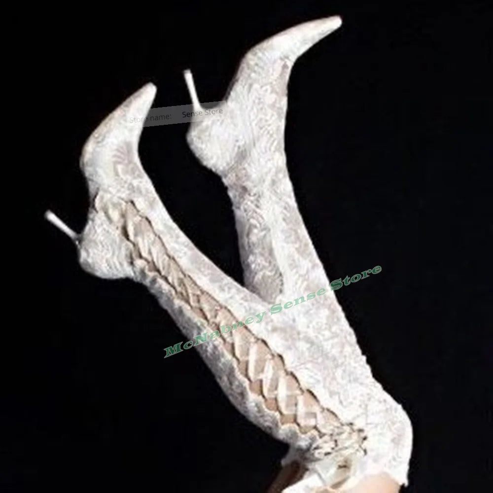 Lace Up Mesh Hollow Stiletto Knee High Boots For Women