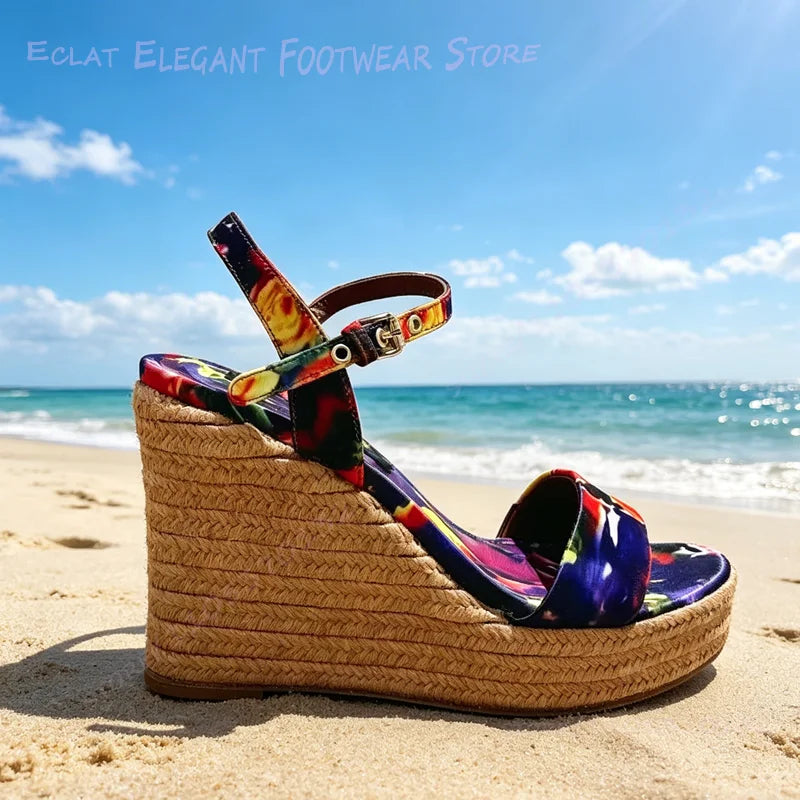 Vibrant Graffiti Print Leather Platform Wedge Sandals For Women