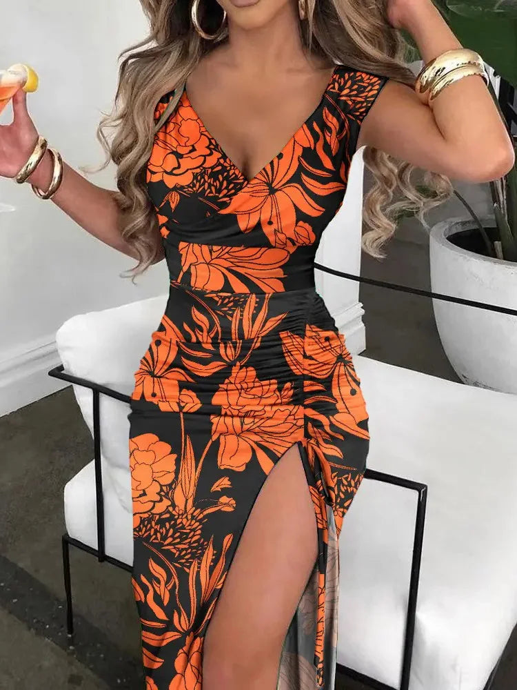 Elegant V-Neck High-Slit Sleeveless Midi Dress for Women