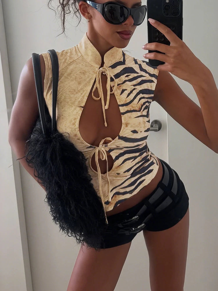 Tiger Print Tassel Cutout Slim Fit Vest Top for Women