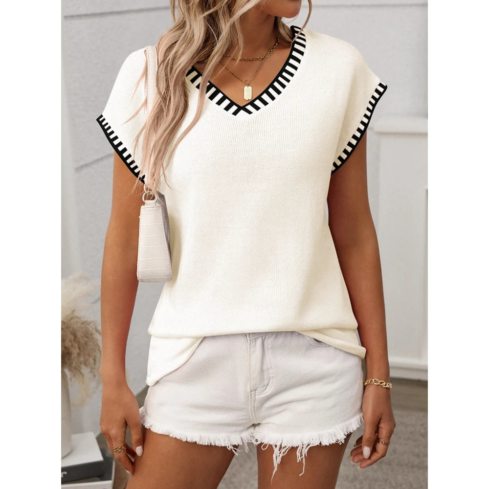 2025 Summer Women's Striped Ribbed Knitted V Neck Short Sleeve T-Shirts Femme Fashion Colorblock Casual Tops Streetwear