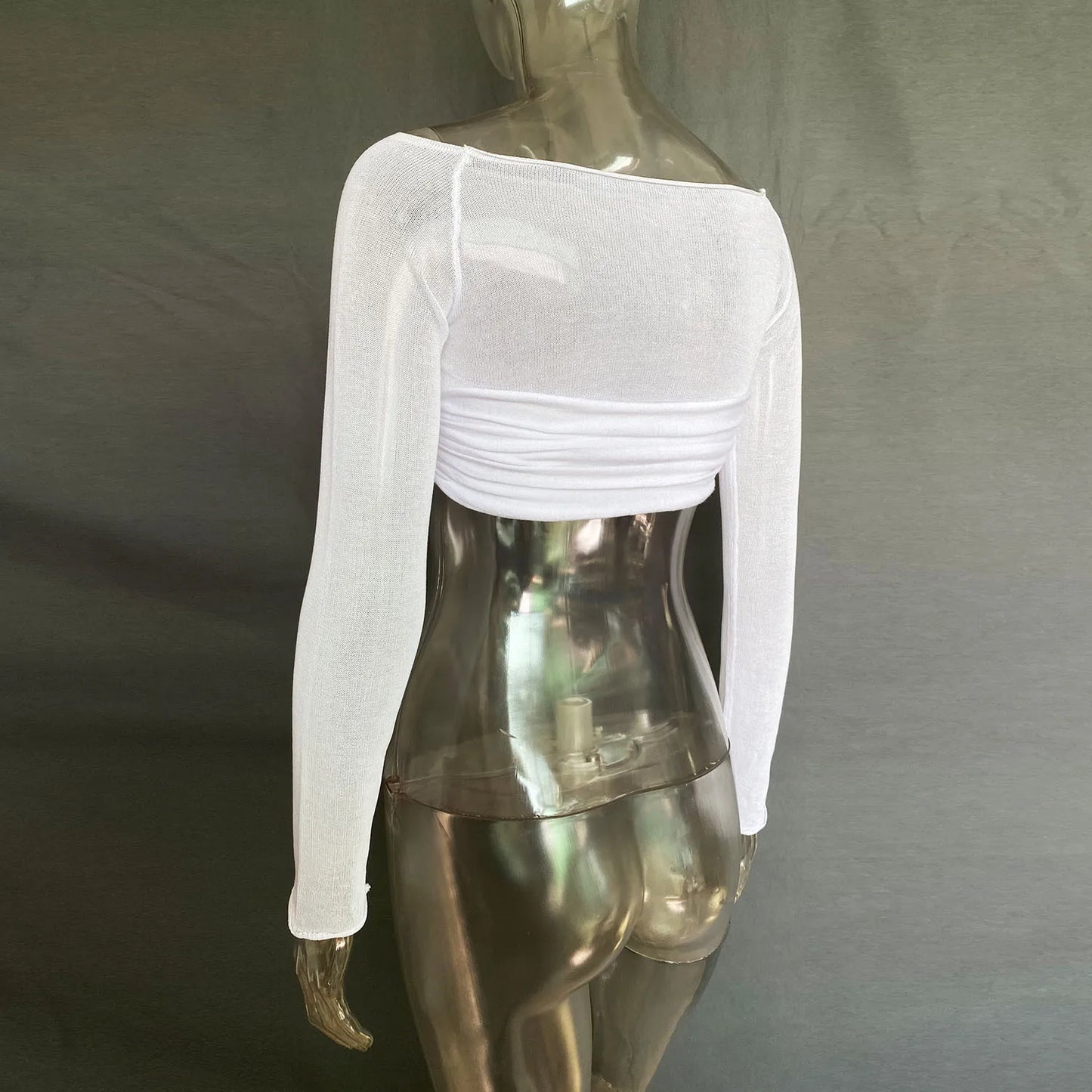 Cryptographic Elegant Front Ruched Cropped Top for Women Fashion Long Sleeve Off Shoulder Sexy Backless Sheer Knit Mini Top Slim