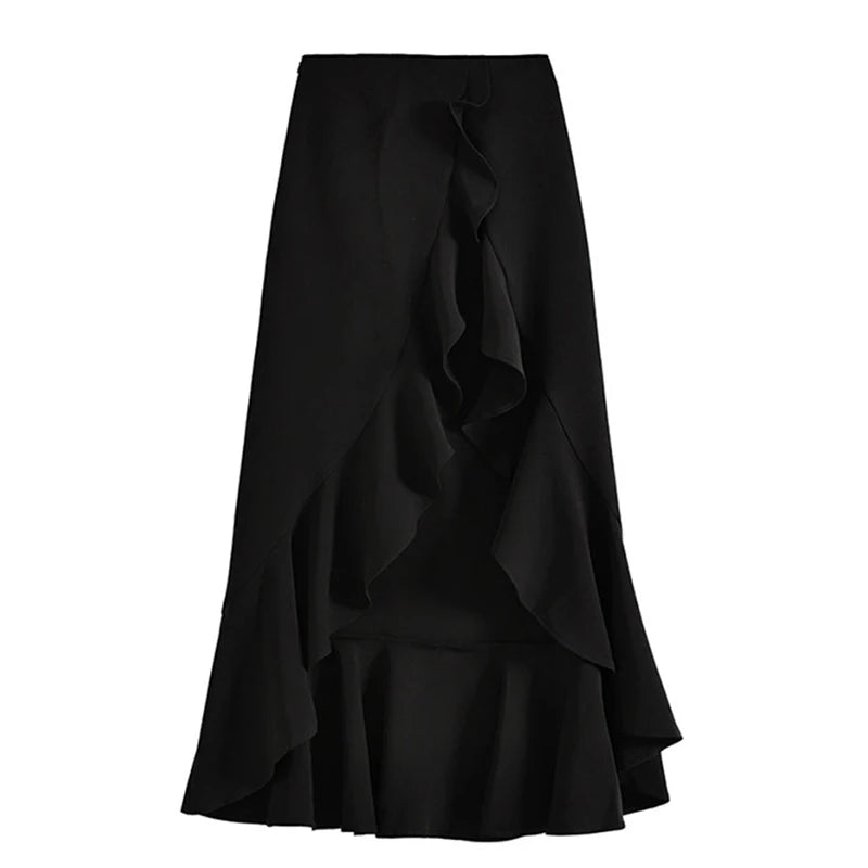 French fashion irregular temperament long skirt female summer new irregular split high waist Joker thin black casual big skirt.