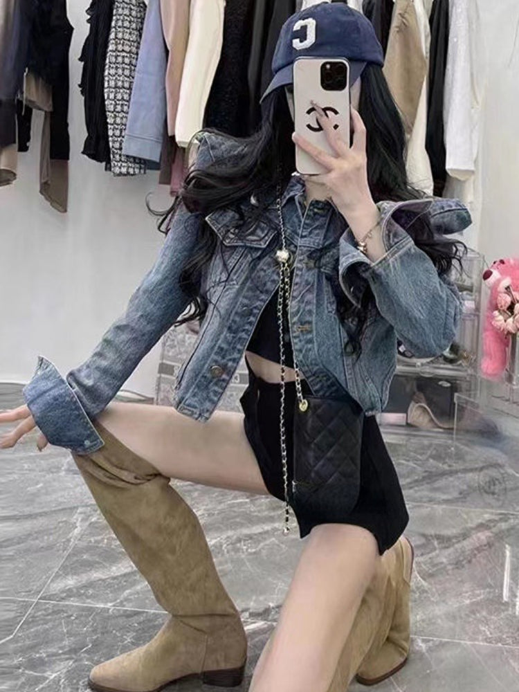 Front Zipper Vintage Denim Cropped Jacket For Women