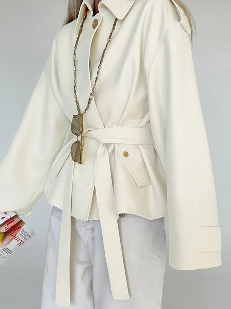Elegant Belted Vintage Style With Stand Collar Coat for Women