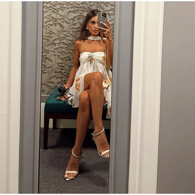 Sexy Ruffle Printed Backless Mini Dresses Lady Chic Sleeveless Off Shouder Pleated Short Vestido 2025 Summer Party Beach Robe