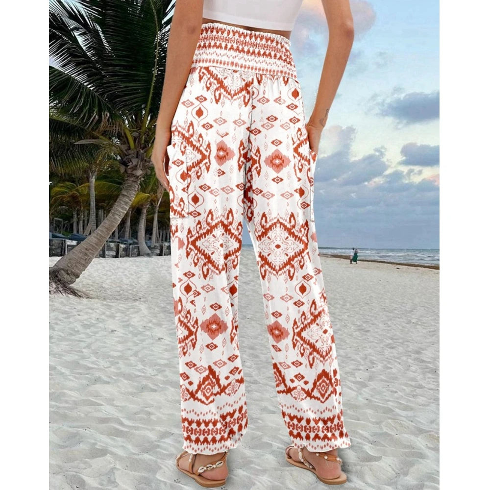 Women's High Waist Floral Print Pocket Cuffed Pants – Casual Sporty Streetwear Trousers with Shirring Elastic Waist