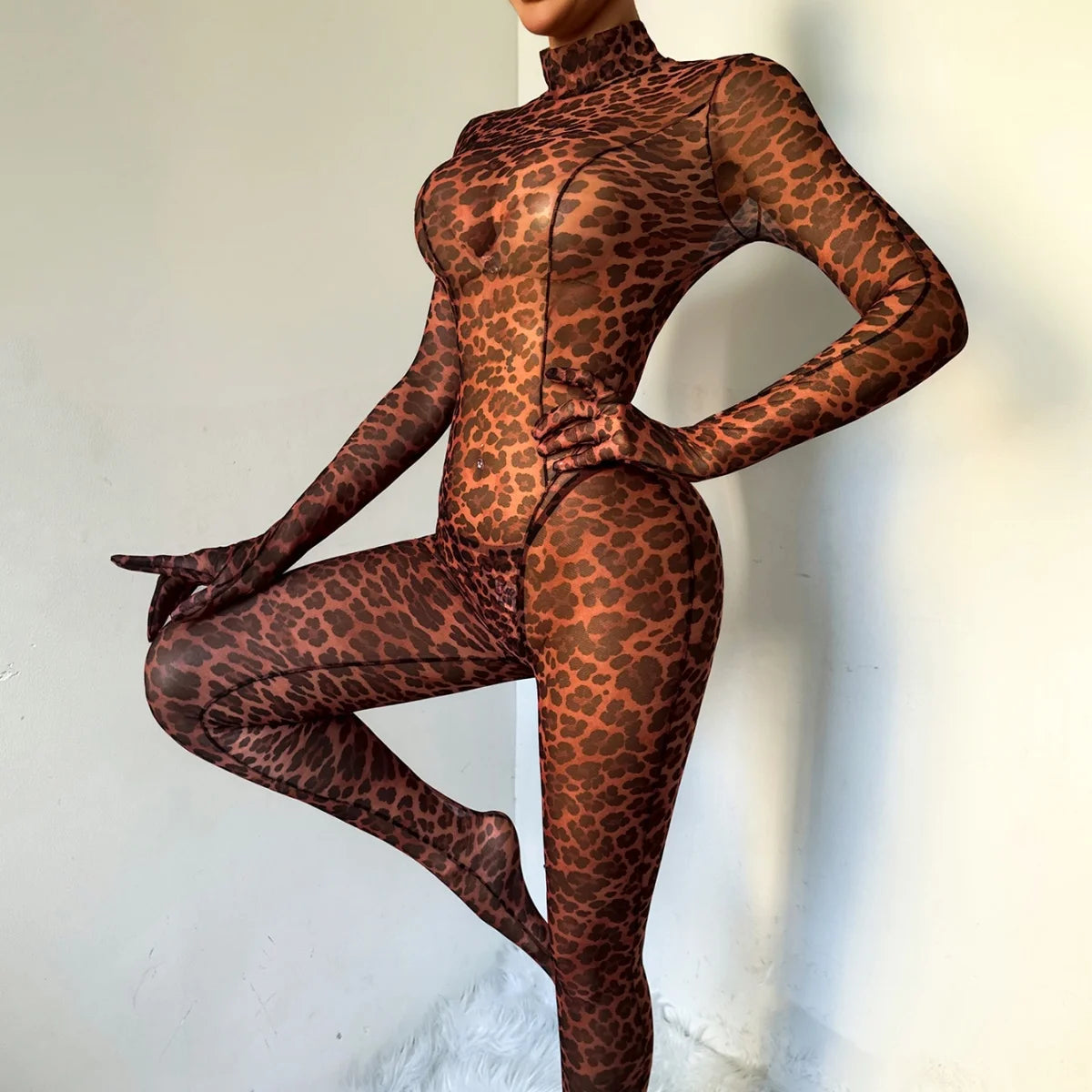 Slim Fit Leopard Print Long Sleeve Two Piece Set for Women