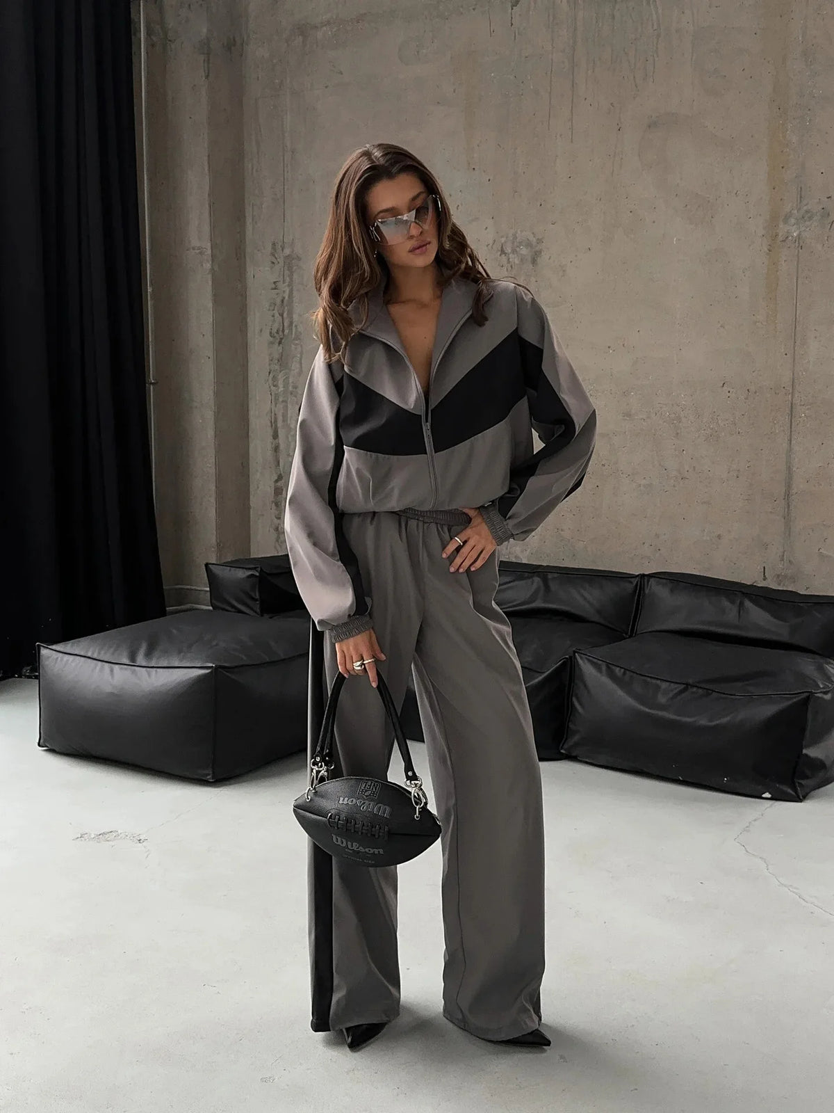 Casual Contrast Color Zipper Tracksuit Set for Women