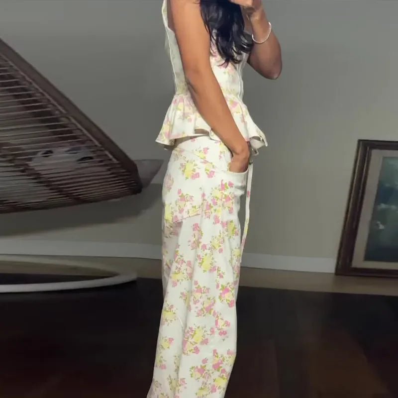 Urban Printed Vest and Wide Leg Pants Two Piece Set for Women