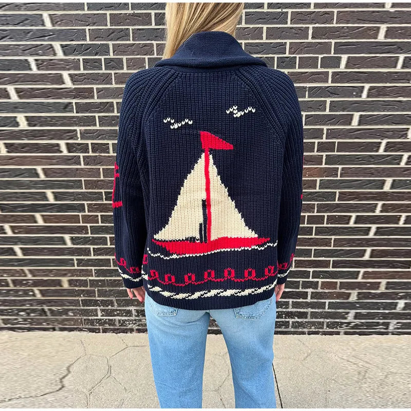 Cozy Jacquard Knit Turn-Down Collar Cardigan for Women