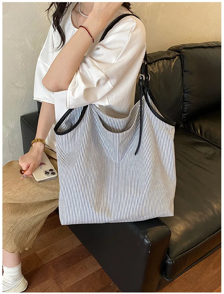 Casual Stripe Canvas Lightweight Shoulder Tote Bag for Women
