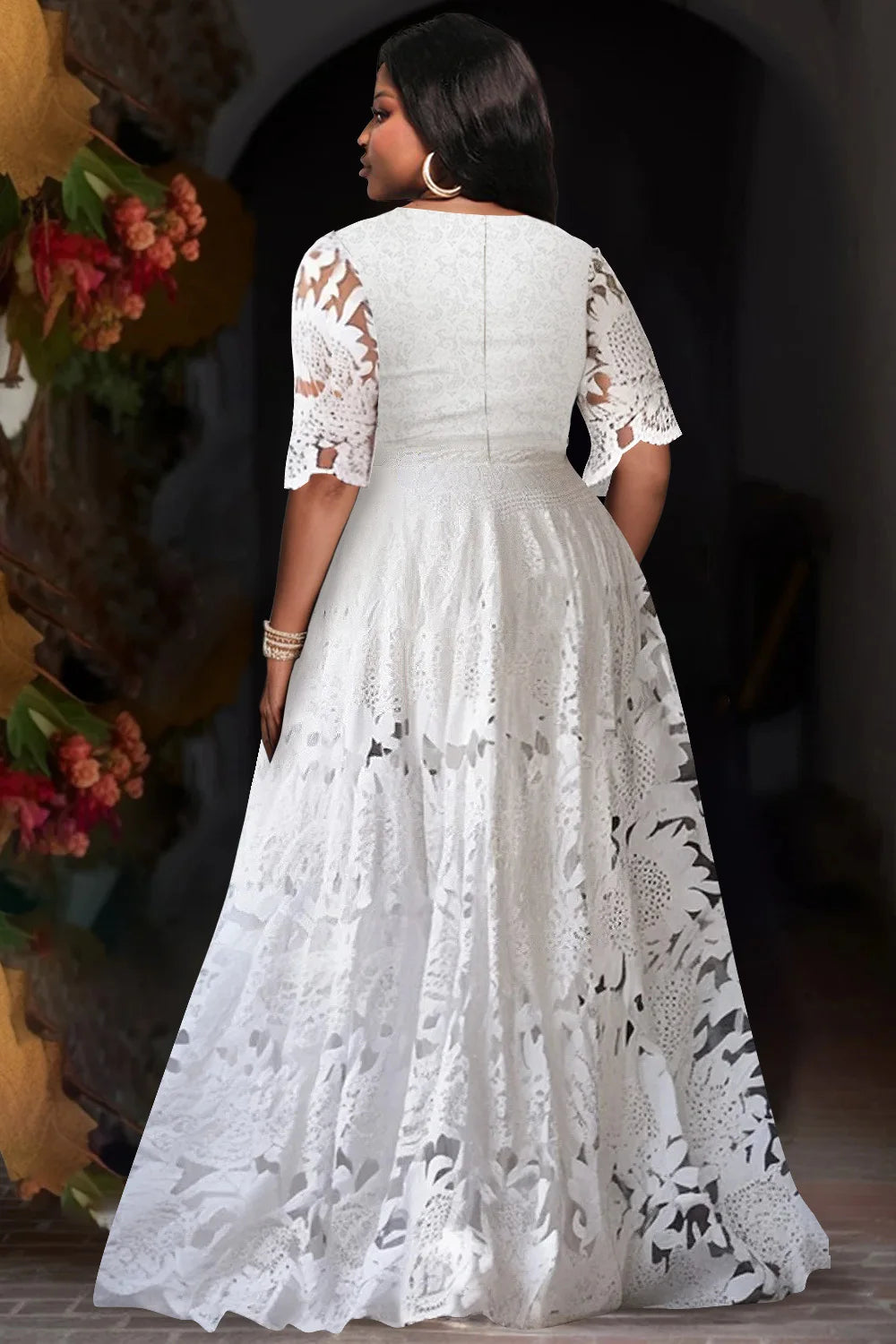 Plus Size Wedding White V Neck Half Sleeve See Through Lace Maxi Dresses