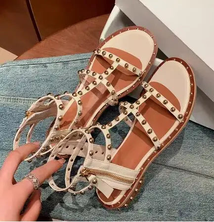Retro Brown Rivet Studded Open Toe Slingback Sandals for Women