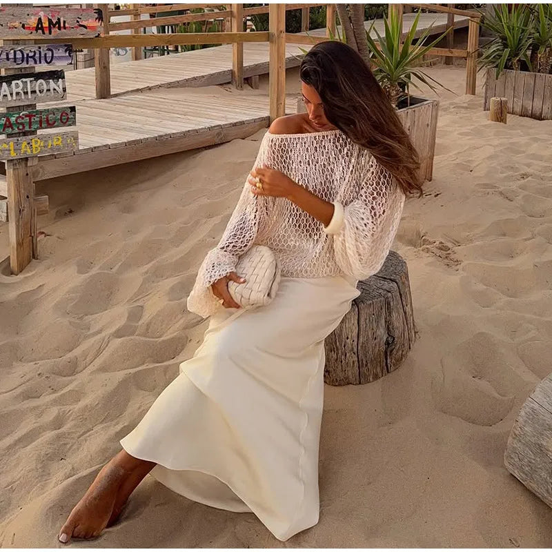 White Hollow Crochet Off Shoulder Long Sleeve Top For Women