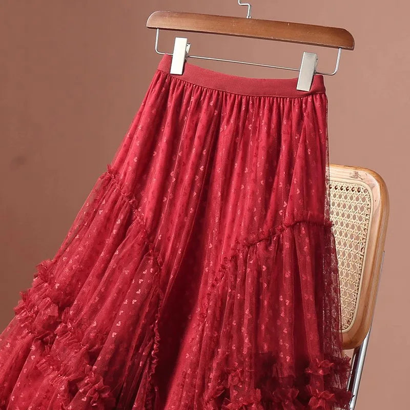 Romantic Vintage Jacquard Tulle Puff Skirt for Women