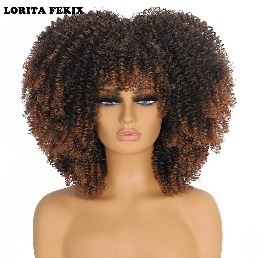 Heat Resistant Short Kinky Curly Wig With Bangs For Women